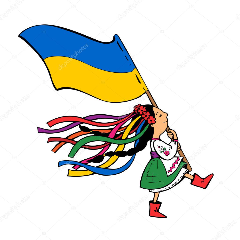Welcoming Ukrainian girl with bread and salt on towel and wreath of spikelets with multi-colored ribbons on yellow-blue background