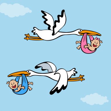 Newborn baby with stork in the sky for party and holiday greeting card_set