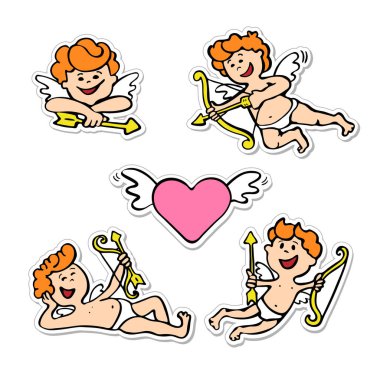 Amur or Cupid or love angel and heart for stickers set