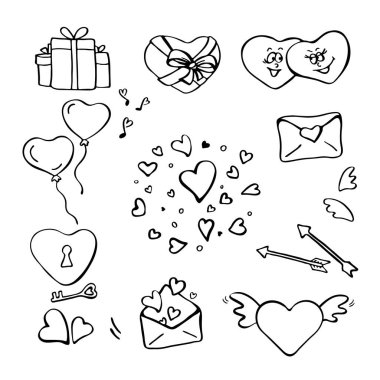 valentine and love and heart and arrow and wings and music and letter and gifts for doodle set line