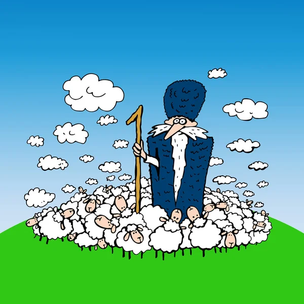 Crazy Shepherd Flock Sheep Look Clouds Green Hill — Stockvector