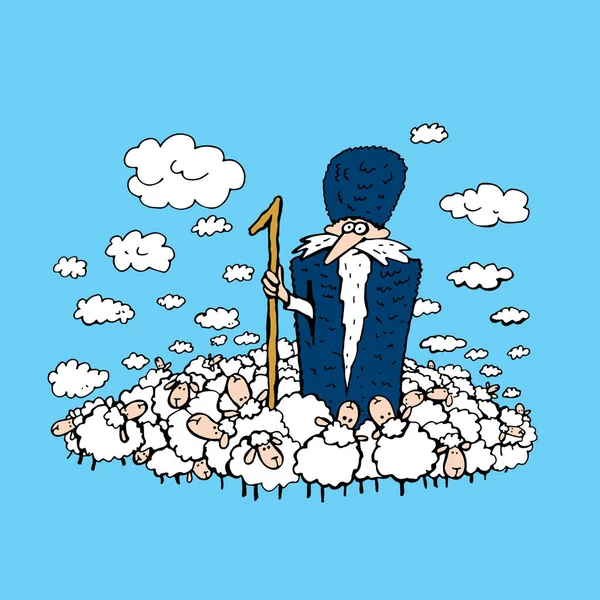 Funny Shepherd Long Beard Flock Sheep Look Clouds — 图库矢量图片