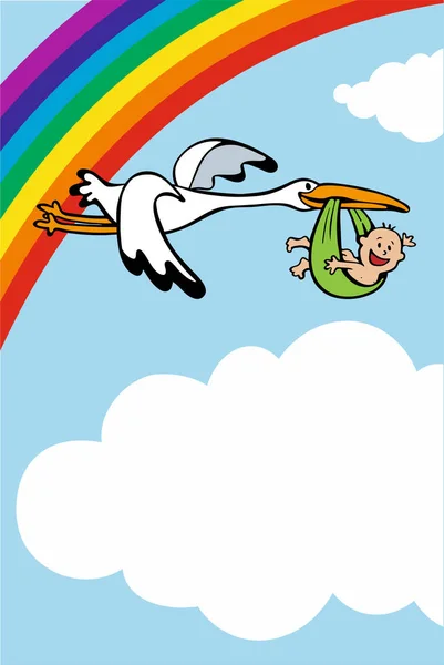 Postcard Banner Sky Clouds Newborn Baby Stork_Space Text — Stock Vector