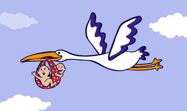 Newborn Two Babies Twins Stork Sky Birthday Card Party Holiday — стоковый вектор