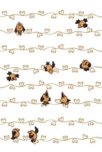 Greeting Card Flock Sparrow Birds Festive Pattern Golden Heart — ストックベクタ