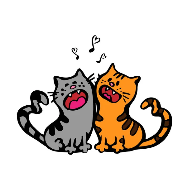 Two Cats Love Sing Notes Heart — Vetor de Stock