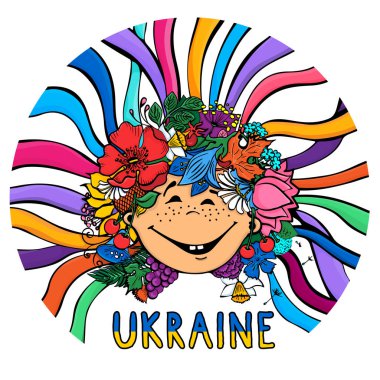 Smiling face of Ukrainian girl with wreath and multi-colored ribbons in circle