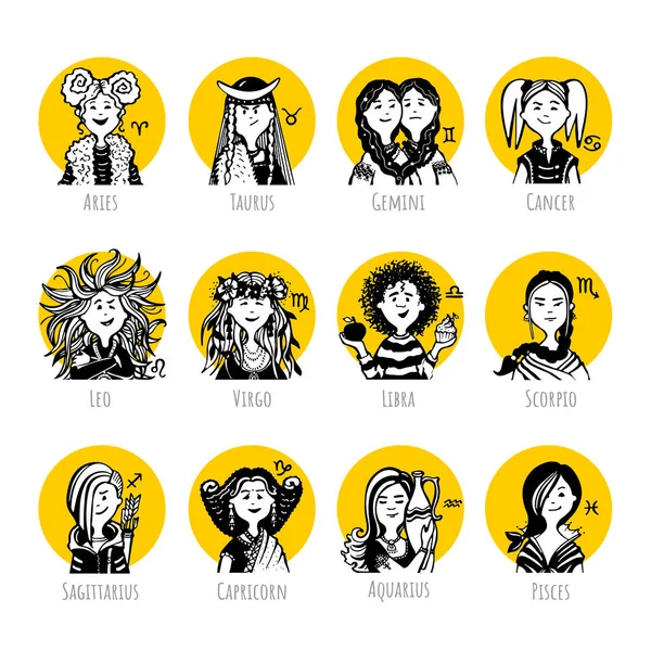 Collection Comic Faces Characters People Style Doodles Avatar Yellow Circle — Stockový vektor