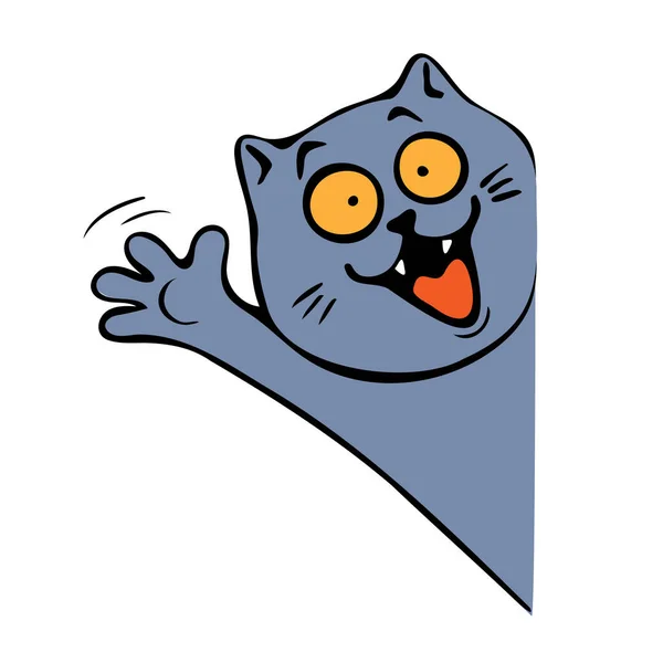 Radostná Kočka Kulatýma Očima Vlnami Pozdravy — Stockový vektor