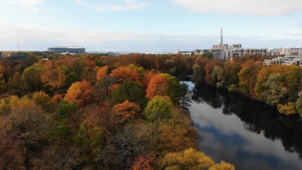 Velký městský park s dlouhou řekou v ponurý podzimní den — Stock video