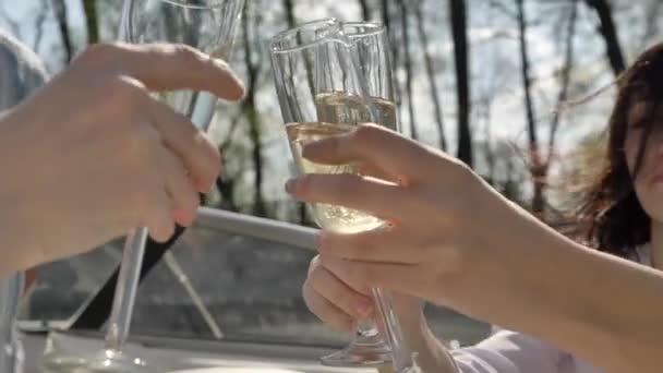 Genç kadın elleri şampanya ve klink ile bardakları tutuyor. — Stok video