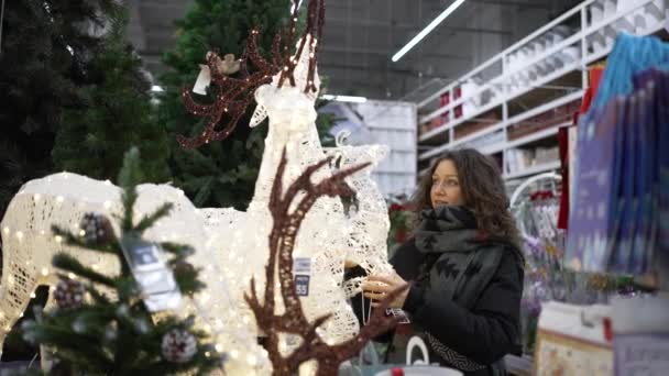 한 여자 가 슈퍼마켓에서 빛나는 성탄절 사슴 인형을 택한다 — 비디오