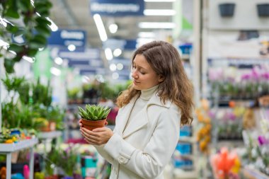 Çiçekçide elinde saksı saksısı olan bir kadın.
