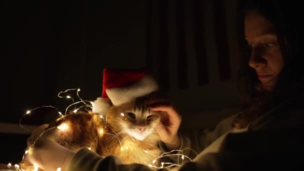 Женщина держит кота в рождественской шляпе и завернутая в гирлянду — стоковое видео