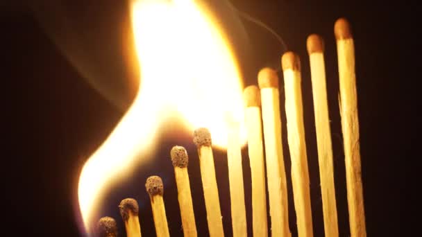 An even row of matches lined up by a ladder alternately lights up on a dark background — Video Stock