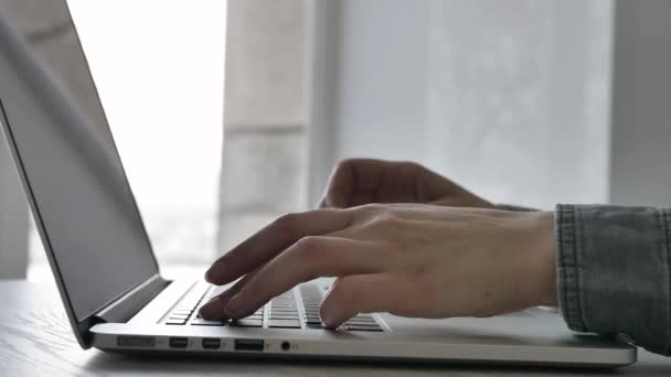 Young woman freelancer in grey shirt hands type on laptop — Vídeo de Stock