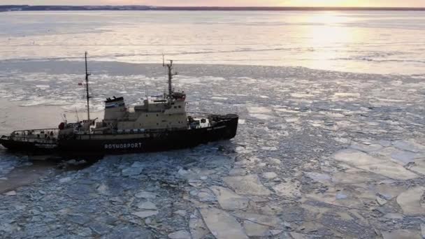 Un poderoso rompehielos hace un camino en medio del hielo en la bahía al atardecer, vista aérea — Vídeo de stock