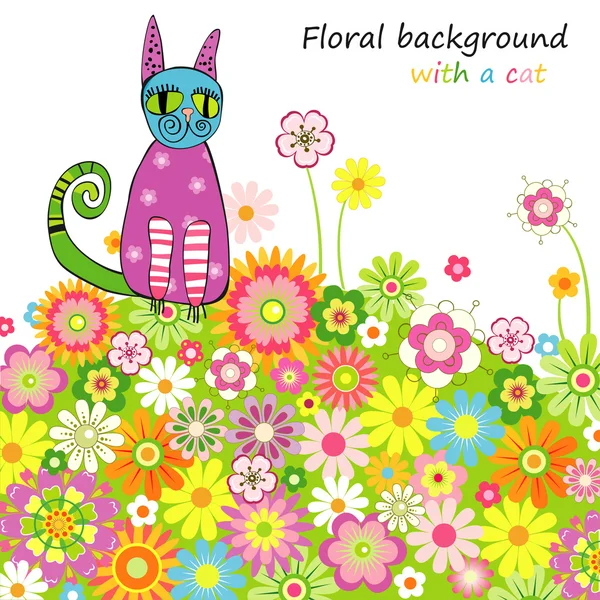 Karte mit einer Katze auf einer Blumenwiese — Stockvektor