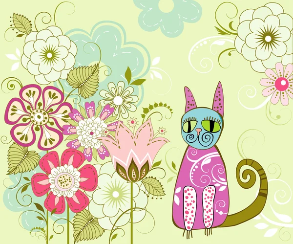 Tarjeta con flores y un gato — Vector de stock