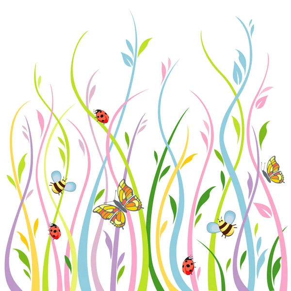 Background with grass, butterflies, ladybirds and bees — Stock Vector