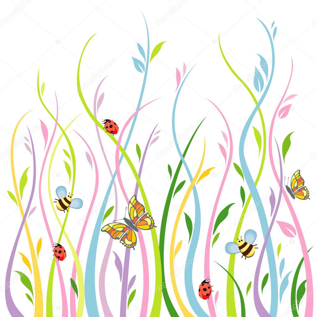 Background with grass, butterflies, ladybirds and bees