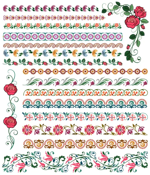 Conjunto de bordas de flores coloridas — Vetor de Stock
