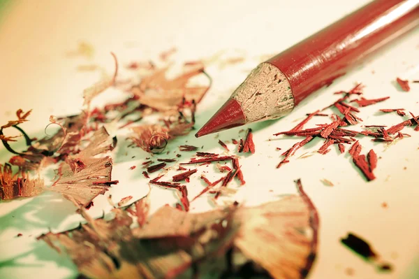 Brown sharpened pencil and wood shavings — Stock Photo, Image