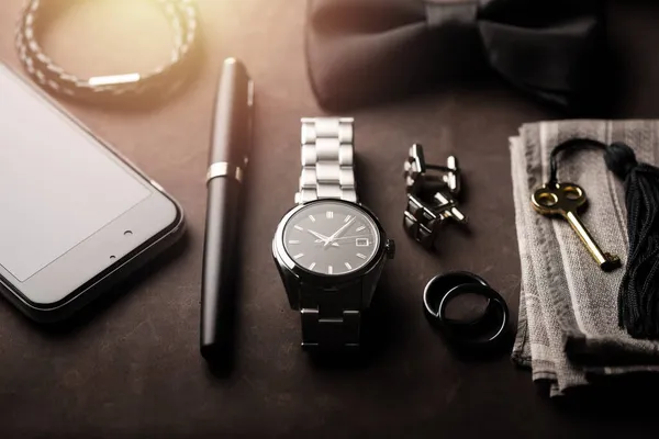 Closeup Luxo Relógio Pulso Automático Para Homens Com Mostrador Preto — Fotografia de Stock
