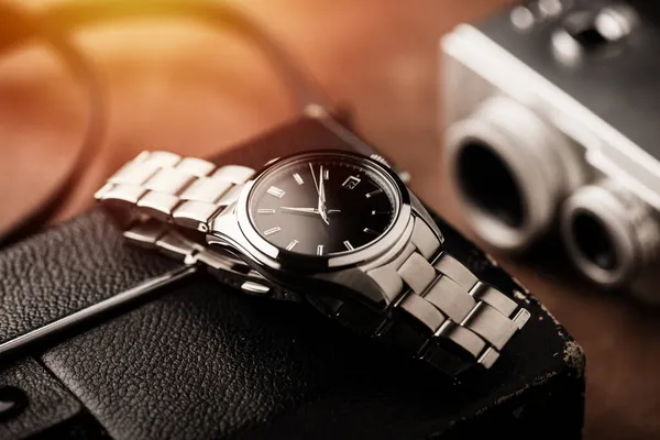 Closeup Luxury Automatic Wristwatch Men Black Dial Stainless Steel Bracelet — Stock Photo, Image