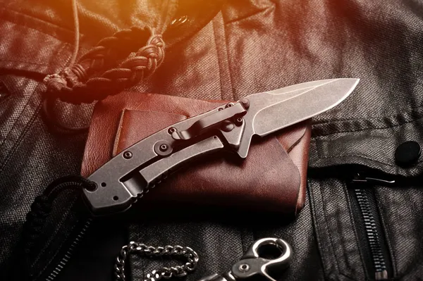 Coltello Tasca Acciaio Inox Con Finitura Blackwash Lama Manico — Foto Stock