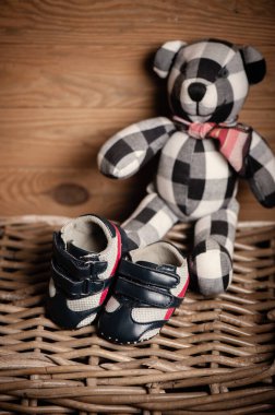 closeup little blue shoes for baby, baby clothing, baby accessories