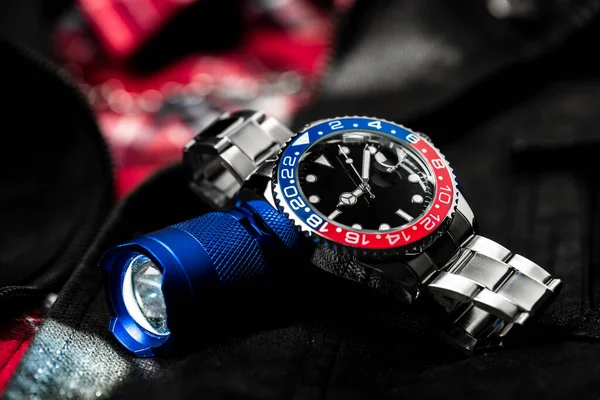 Closeup Luxury Wristwatch Men Black Dial Blue Red Bezel Stainless — Stock Photo, Image