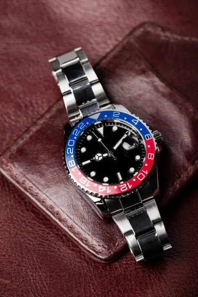 Closeup Luxury Wristwatch Men Black Dial Blue Red Bezel Stainless — Stock Photo, Image