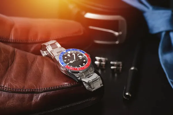 Men Accessories Closeup Wristwatch Black Dial Blue Red Bezel Stainless — Stock Photo, Image