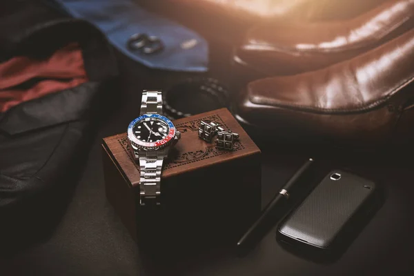 Accesorios Para Hombres Primer Plano Reloj Pulsera Con Esfera Negra — Foto de Stock