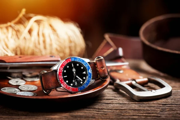 Closeup Luxury Wristwatch Men Black Dial Blue Red Bezel Leather — Zdjęcie stockowe