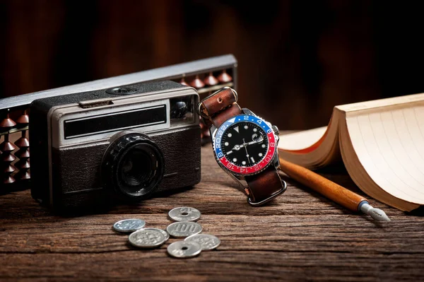 Closeup Luxury Wristwatch Men Black Dial Blue Red Bezel Leather — 스톡 사진