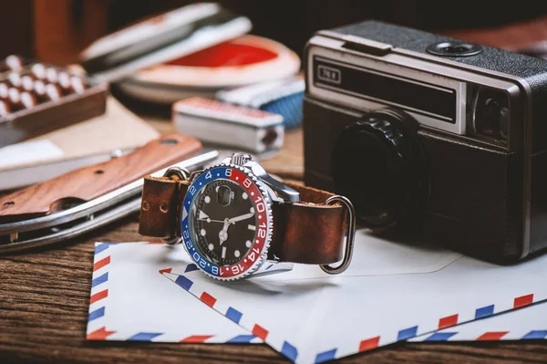 Closeup Luxury Wristwatch Men Black Dial Blue Red Bezel Leather — Fotografia de Stock