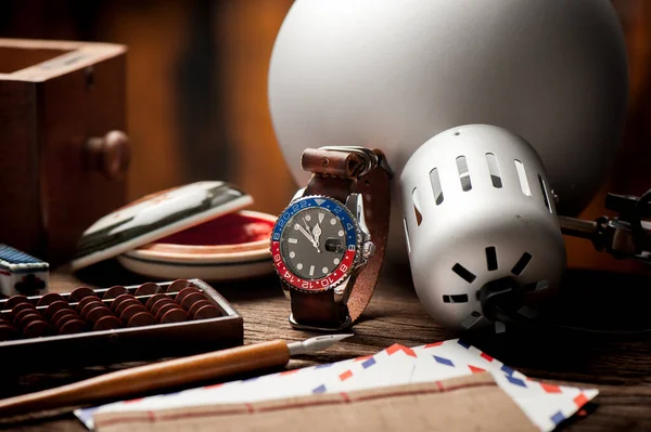 Closeup Luxury Wristwatch Men Black Dial Blue Red Bezel Leather — Fotografia de Stock