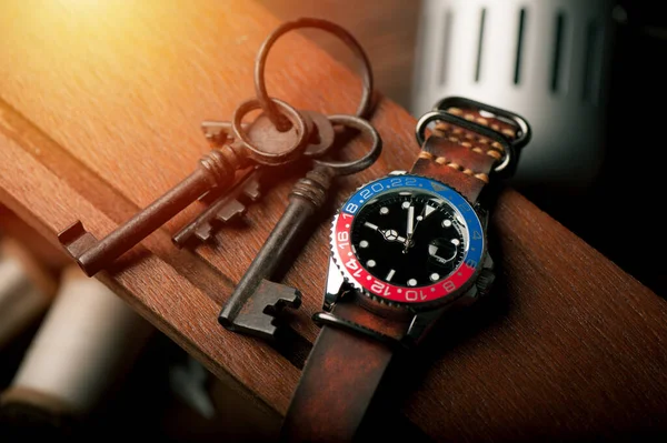 Closeup Luxury Wristwatch Men Black Dial Blue Red Bezel Leather — Stockfoto