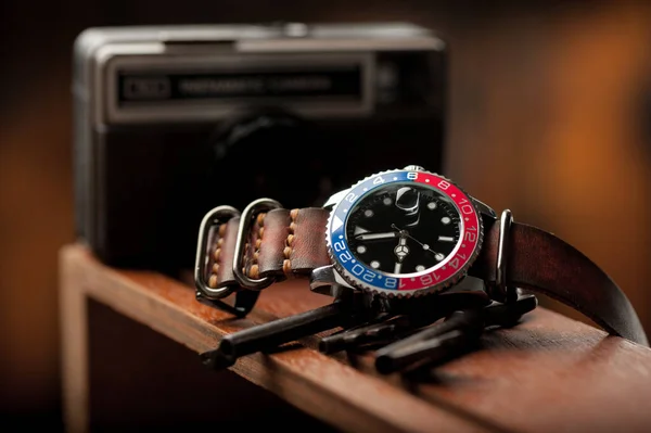 Closeup Luxury Wristwatch Men Black Dial Blue Red Bezel Leather — ストック写真