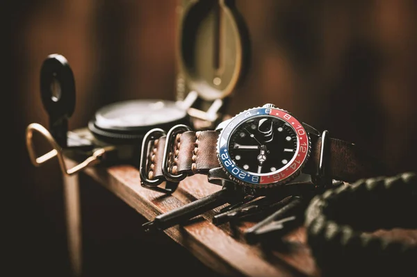 Closeup Luxury Wristwatch Men Black Dial Blue Red Bezel Leather — Stockfoto