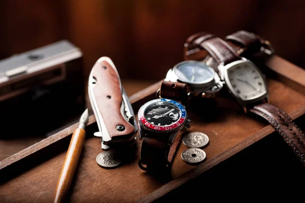 Closeup Luxury Wristwatch Men Black Dial Blue Red Bezel Leather — Stok fotoğraf