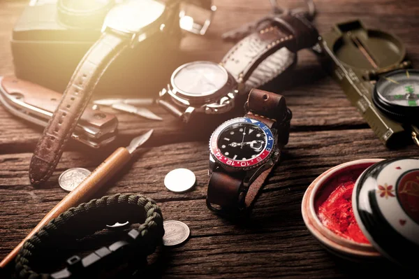 Closeup Luxury Wristwatch Men Black Dial Blue Red Bezel Leather — Foto de Stock