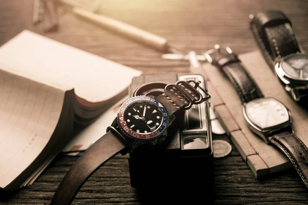 Closeup Luxury Wristwatch Men Black Dial Blue Red Bezel Leather — Fotografia de Stock