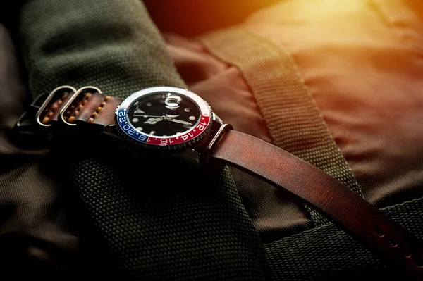Closeup Luxury Wristwatch Men Black Dial Blue Red Bezel Leather — стоковое фото