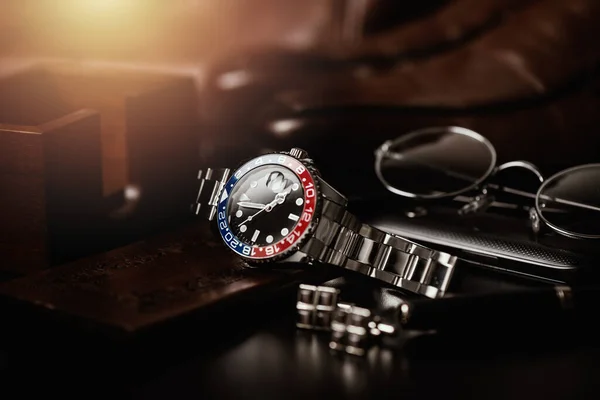 Men Accessories Closeup Wristwatch Black Dial Blue Red Bezel Stainless — Stock Photo, Image