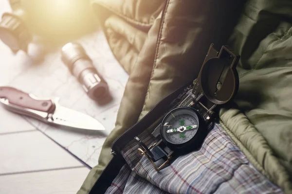 Closeup Military Style Compass Military Camping — 스톡 사진