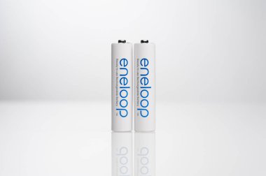 BANGKOK, THAILAND - OCTOBER 07, 2017: The Eneloop AAA rechargeable batteries. Eneloop developed by Sanyo Electric Co., Ltd.(later acquired by Panasonic), introduced in 2005.