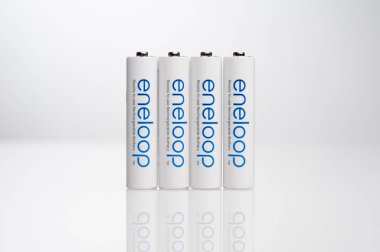 BANGKOK, THAILAND - OCTOBER 07, 2017: The Eneloop AAA rechargeable batteries. Eneloop developed by Sanyo Electric Co., Ltd.(later acquired by Panasonic), introduced in 2005.